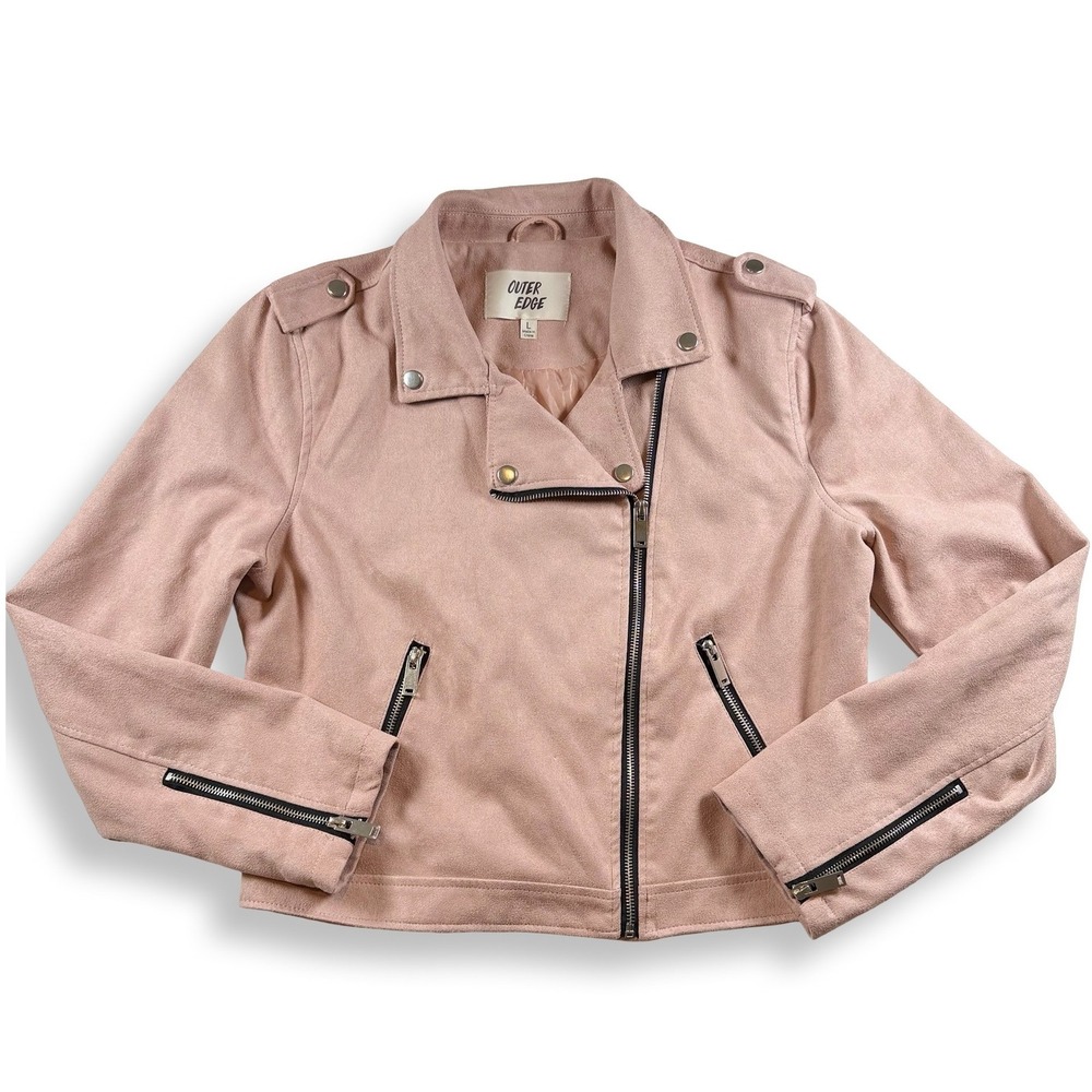 Outer Edge Womens Faux Suede Moto Jacket Blush Pink Asymmetrical Zip Size L